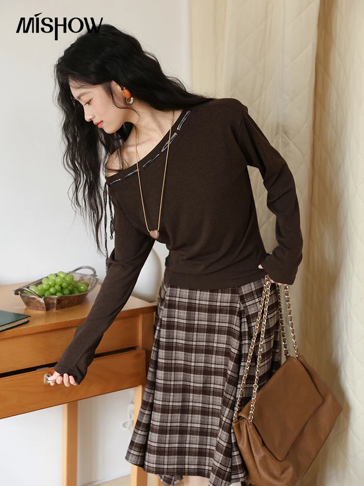 Mishow Slant Shoulder Dark Brown Strap Knit Top MXE45T1402