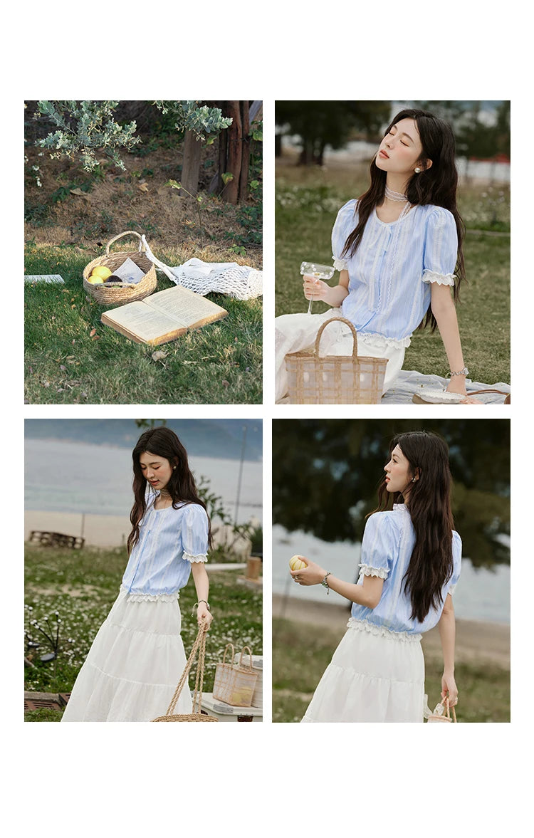 MISHOW Striped Blouse Short Puff Sleeve Lace Patchwork MXE32X1759