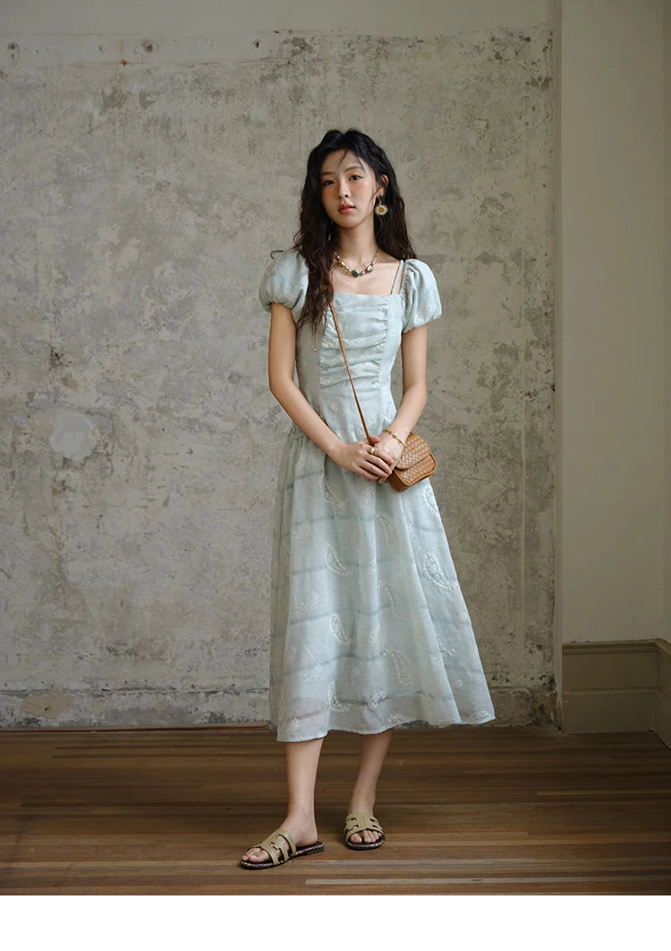 Mishow Paisley Embroidery Square Neck Puff Sleeve Dress MXE34L2265