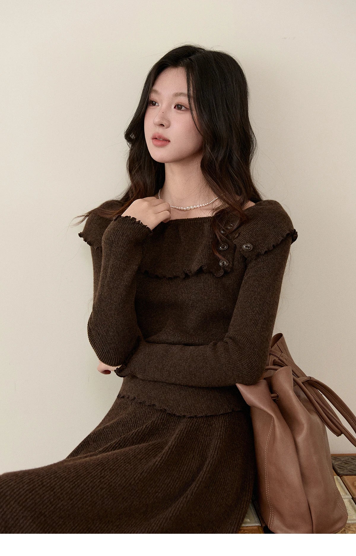 Mishow Coffee Ruffle Boat Neck Top & A-Line Skirt Set MXE93T1455