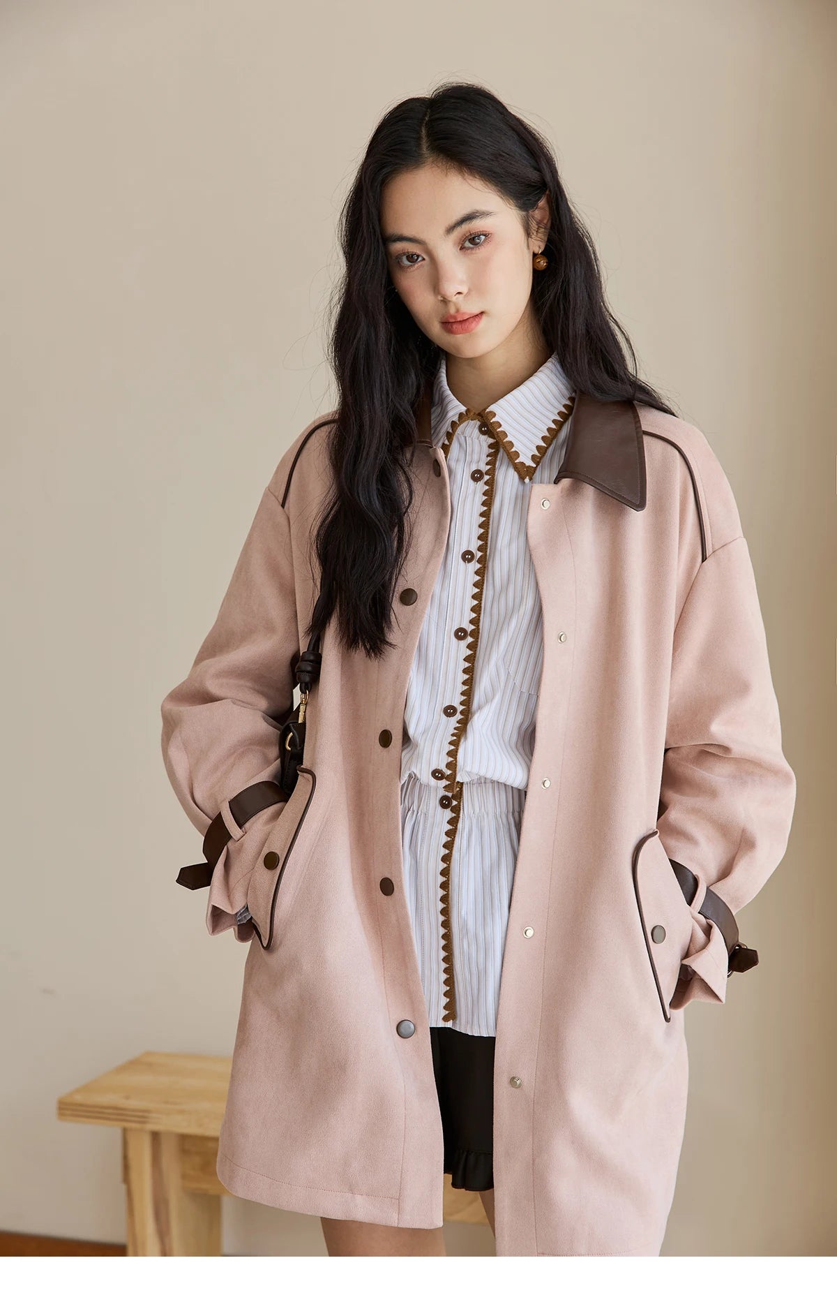 MISHOW Pink Mid-Length Jacket Turn-Down Collar Button Spliced MXE45W0845