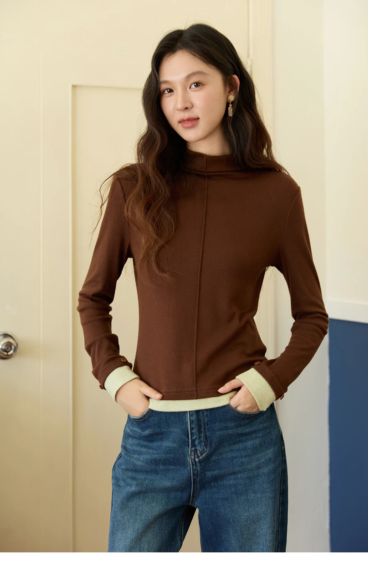 Mishow Apricot Stand Collar Slim Top with Detachable Cuffs MXE49Z2532