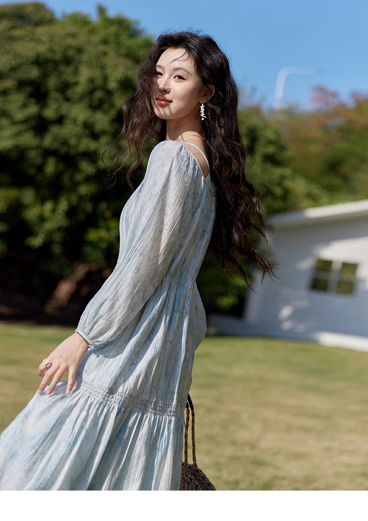 Mishow Blue Floral Chiffon Drawstring Lantern Sleeve Dress MXE16L2114