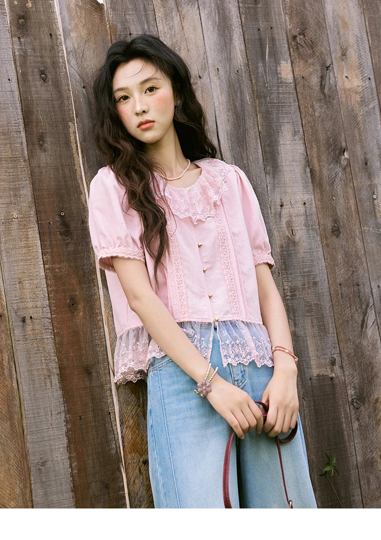 MISHOW Pink Spliced Lace Round Neck Blouse Metal Buttons MXE32X1768