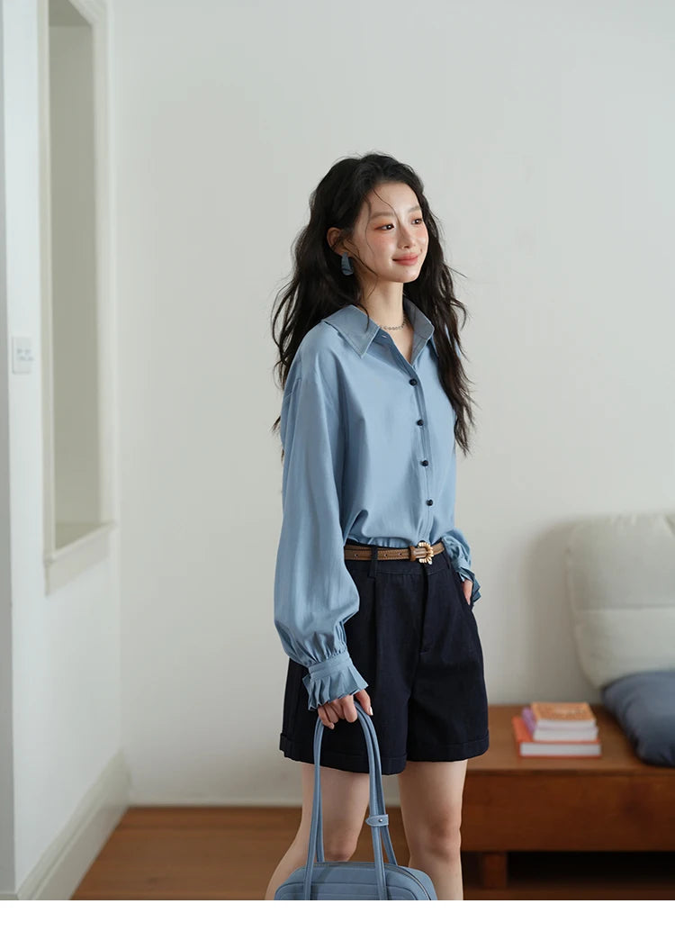 MISHOW Women's Color Block Shirt Pleated Cuffs Lapel Top MXE41C2352