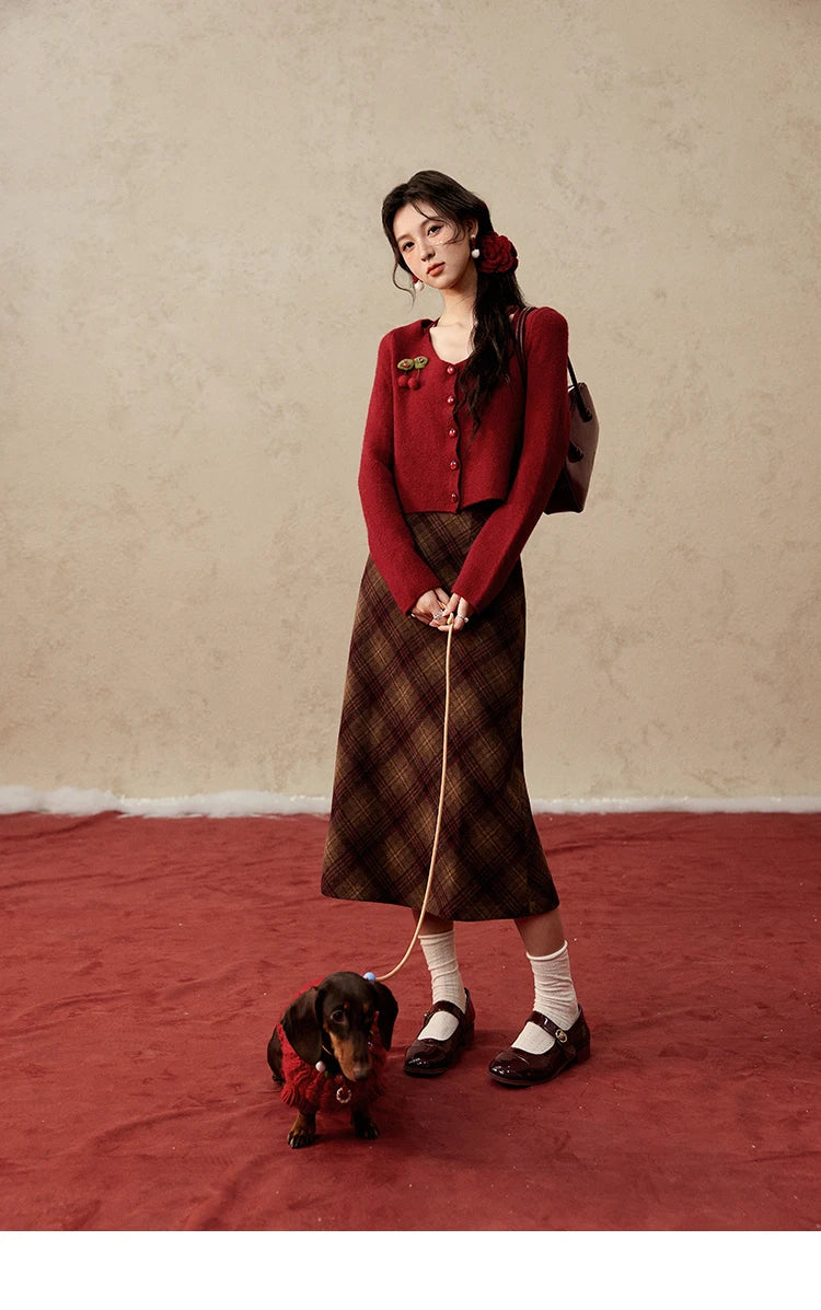 Mishow Red Cherry Ornament Slim V-Neck Cardigan MXD112Z1006
