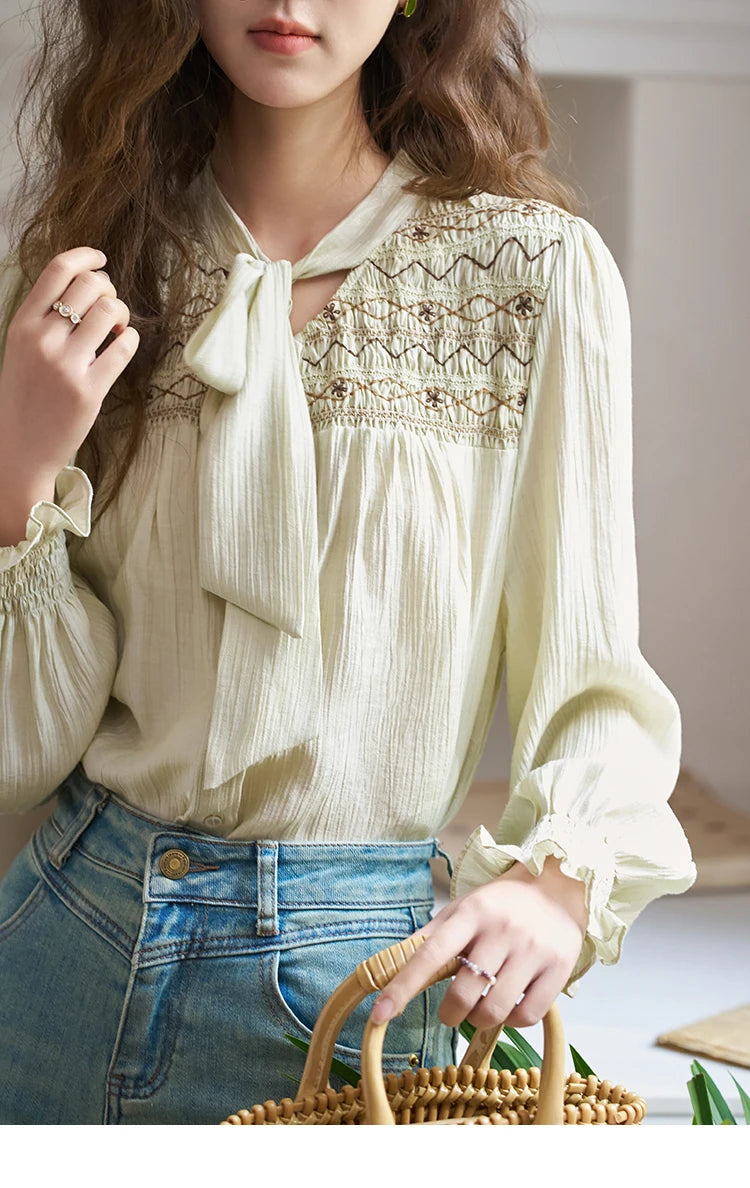 MISHOW Ribbon Collar Shirt Sweet Cuffs Pleated Embroidered Petal Sleeve MXD14C0226