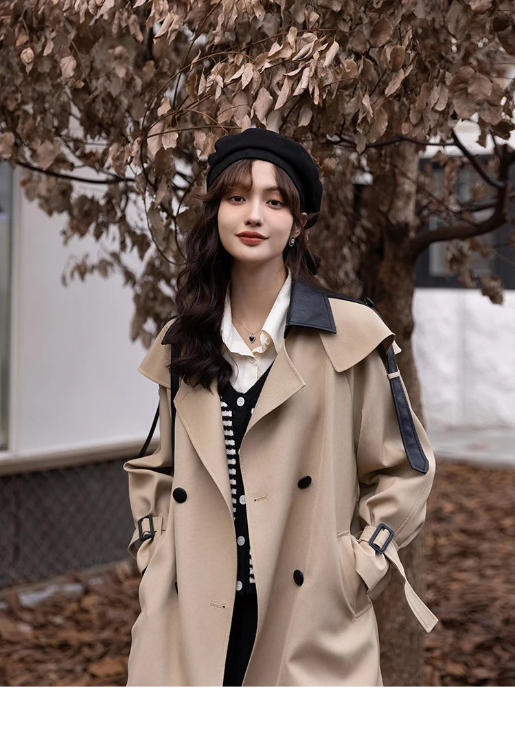 Mishow Polo Collar Patchwork Long Trench Coat MXB33W0399