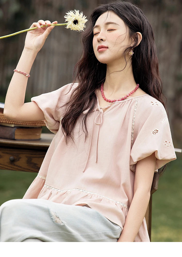 MISHOW Puff Sleeve Blouse Round Neck Hollow Embroidery MXE31X1747