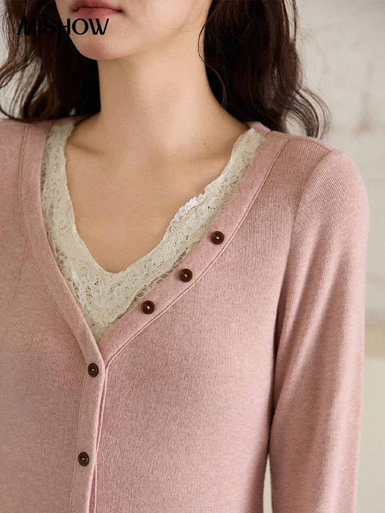Mishow V-Neck Lace Trim Knit Top MXE86Z2673