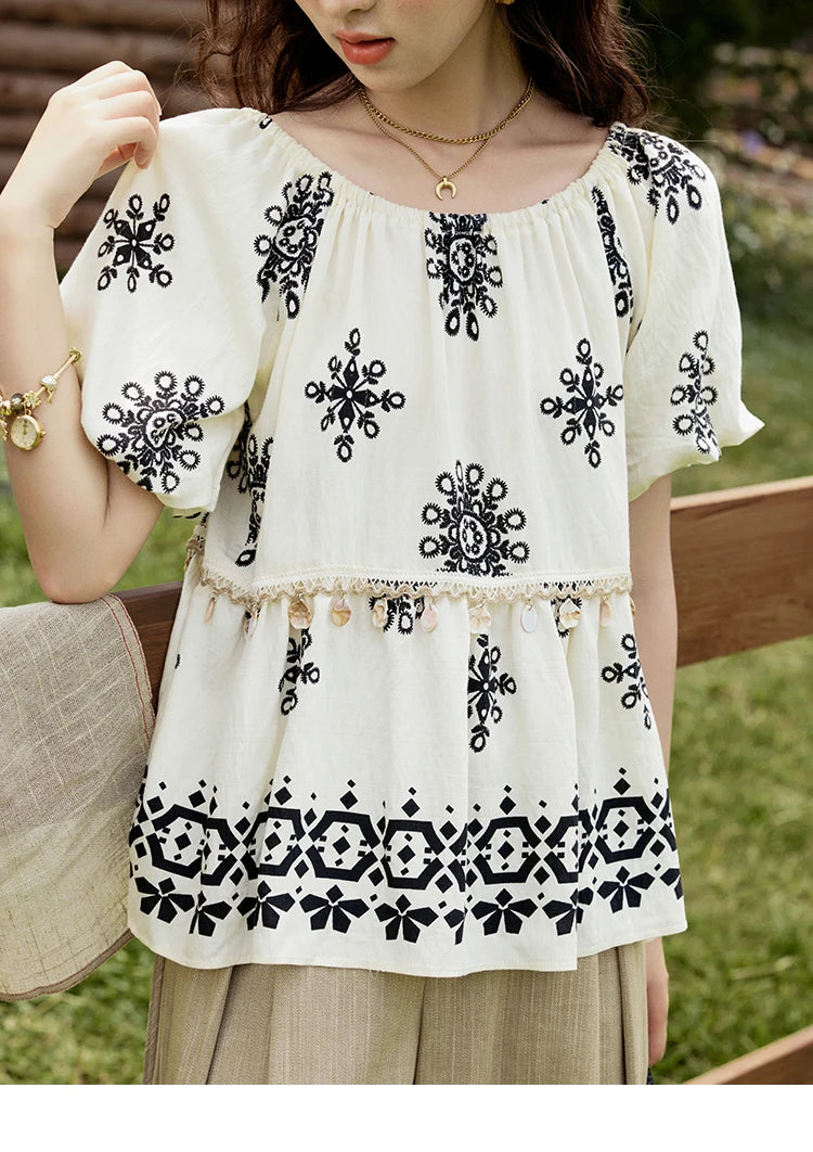 MISHOW Bohemian Print Blouse Short Puff Sleeve Square Collar Shell Ribbon MXE35X1817