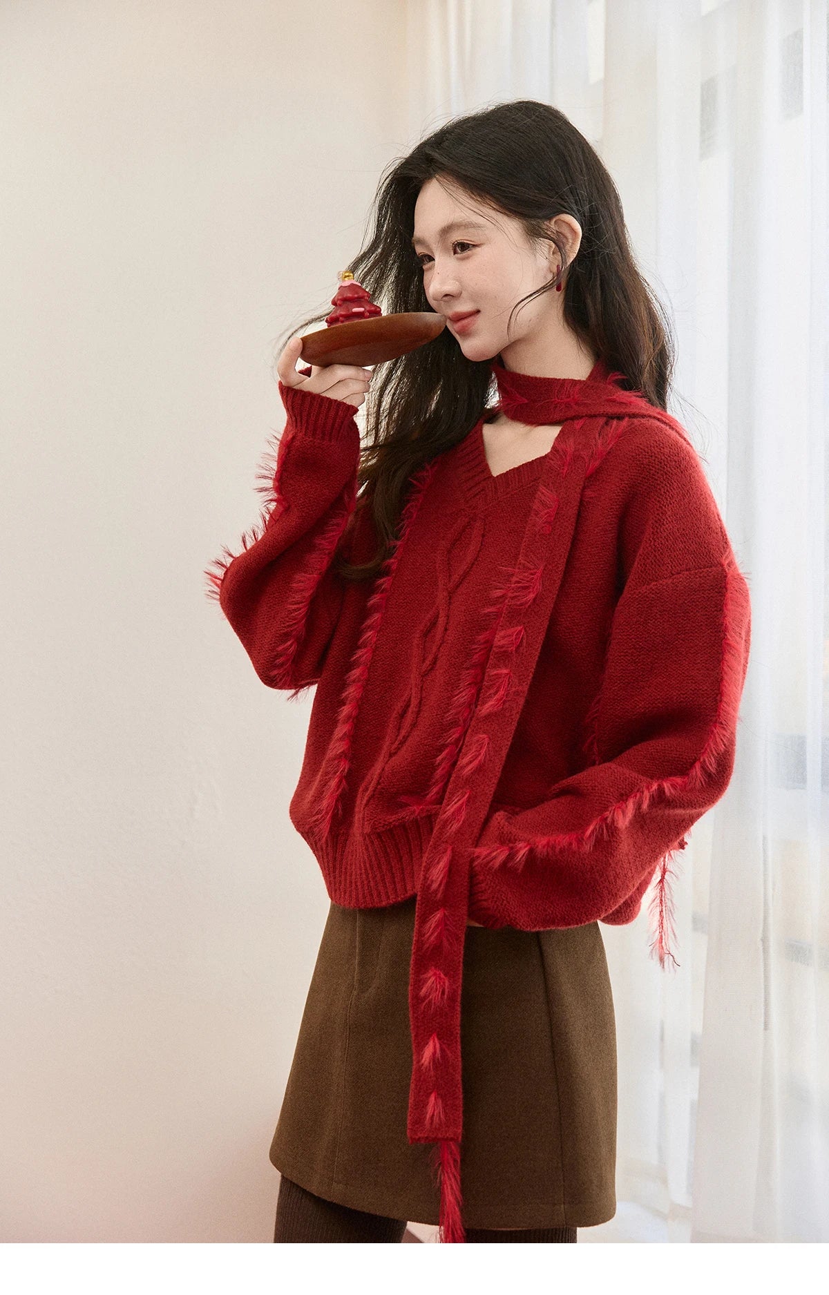 Mishow Burgundy Christmas Mink Fur Tassel Sweater MXE93Z2809