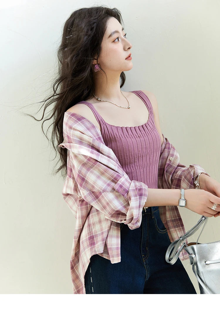 MISHOW Purple Plaid Cotton Shirt Polo Neck Pockets MXE14C0417