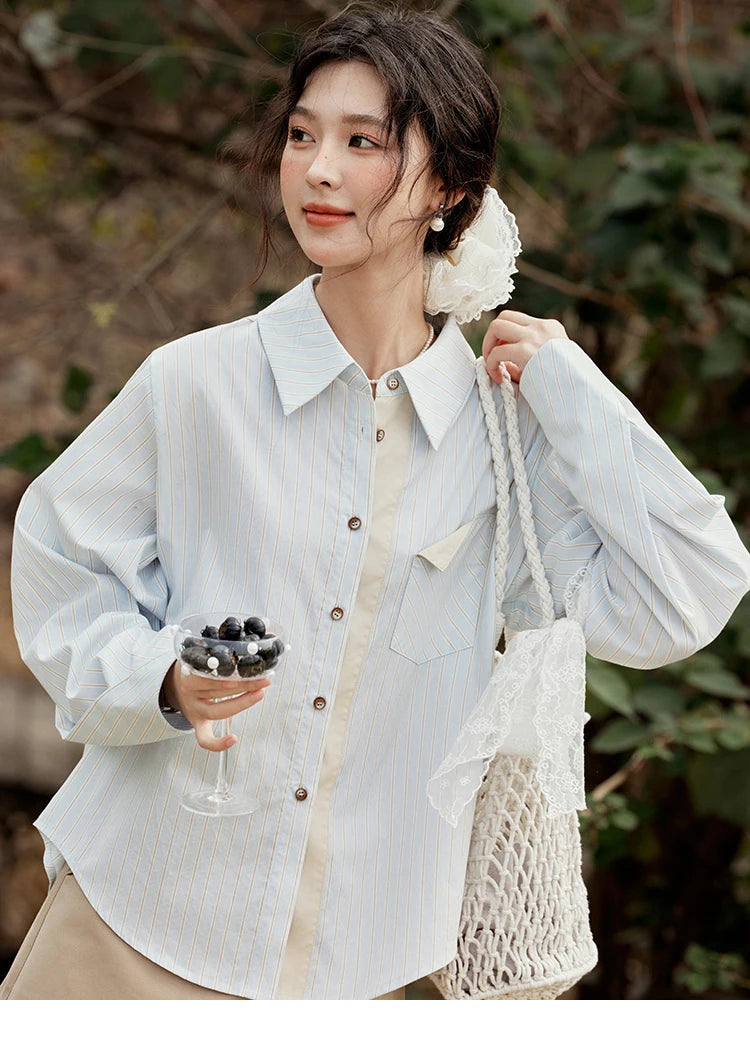 MISHOW Light Blue Striped Cotton Shirt Contrast Placket MXE15C0762
