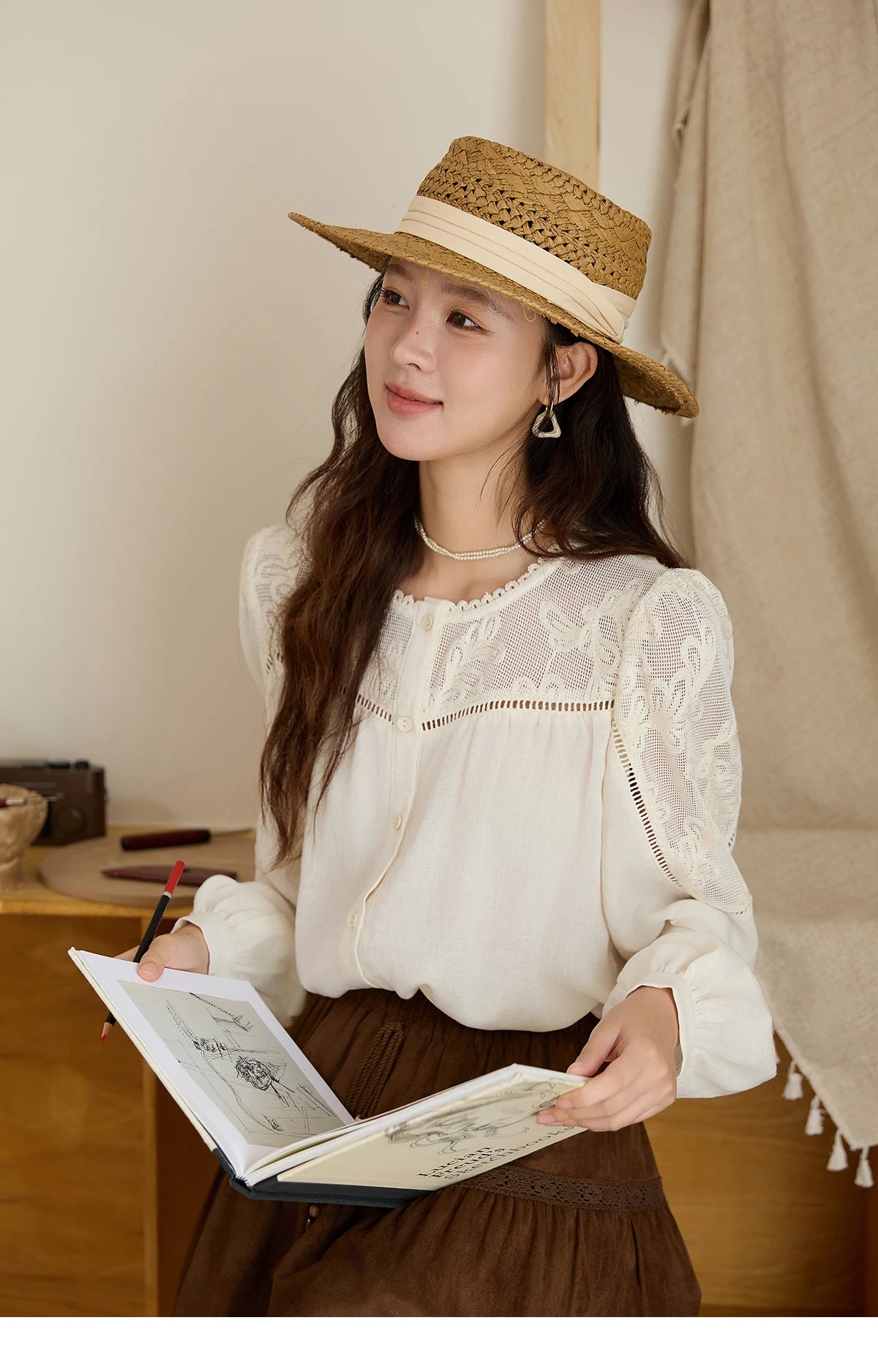 MISHOW Beige Hollow Out Embroidery Shirt O-Neck MXE44X2498