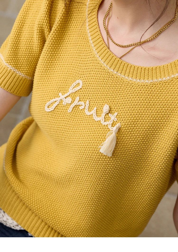 Mishow French Letter Short Sleeve Round Neck Pullover MXE33Z1219