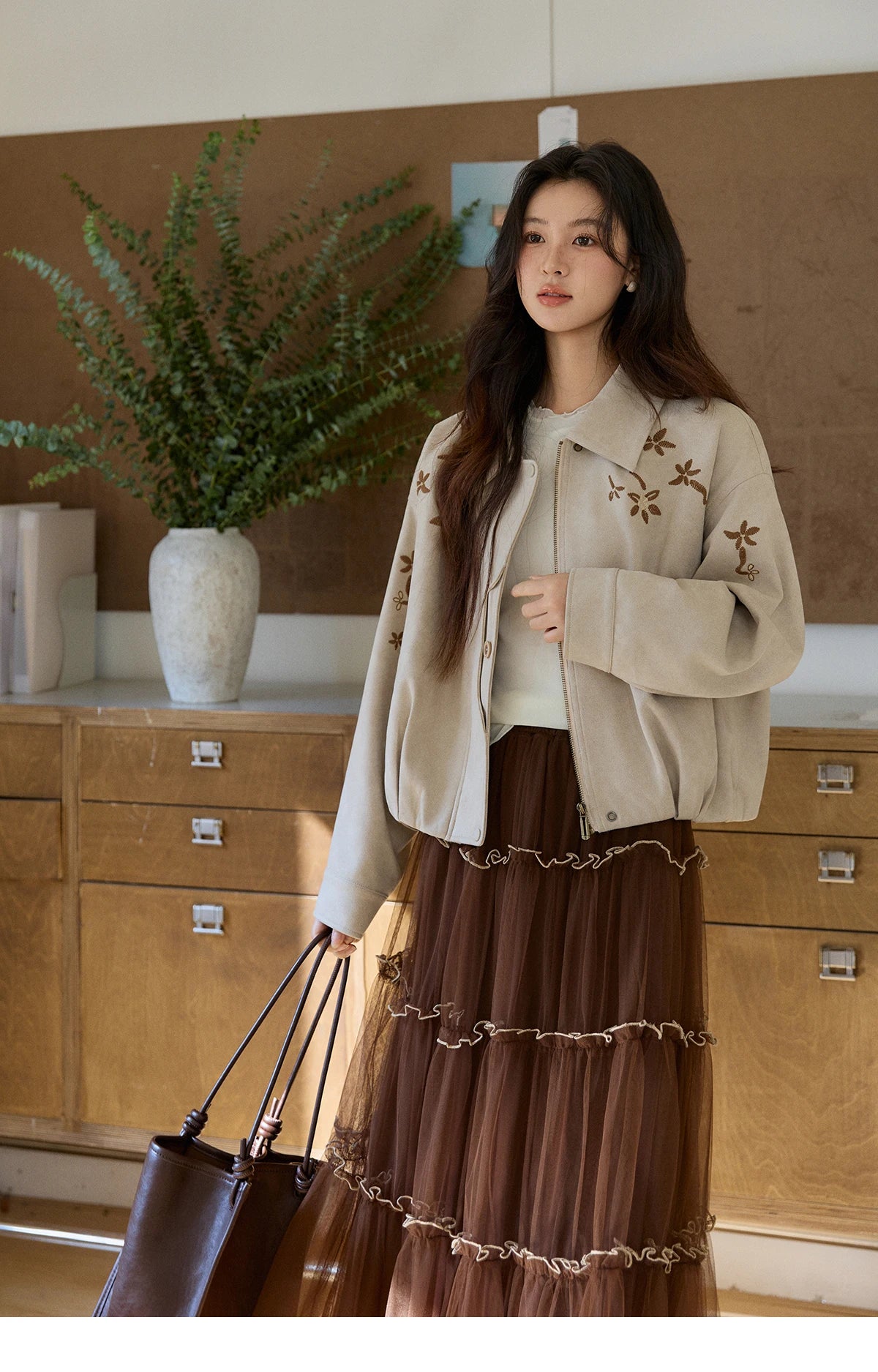 MISHOW Imitation Suede Jacket Floral Embroidery Lapel Zipper MXF11W1027
