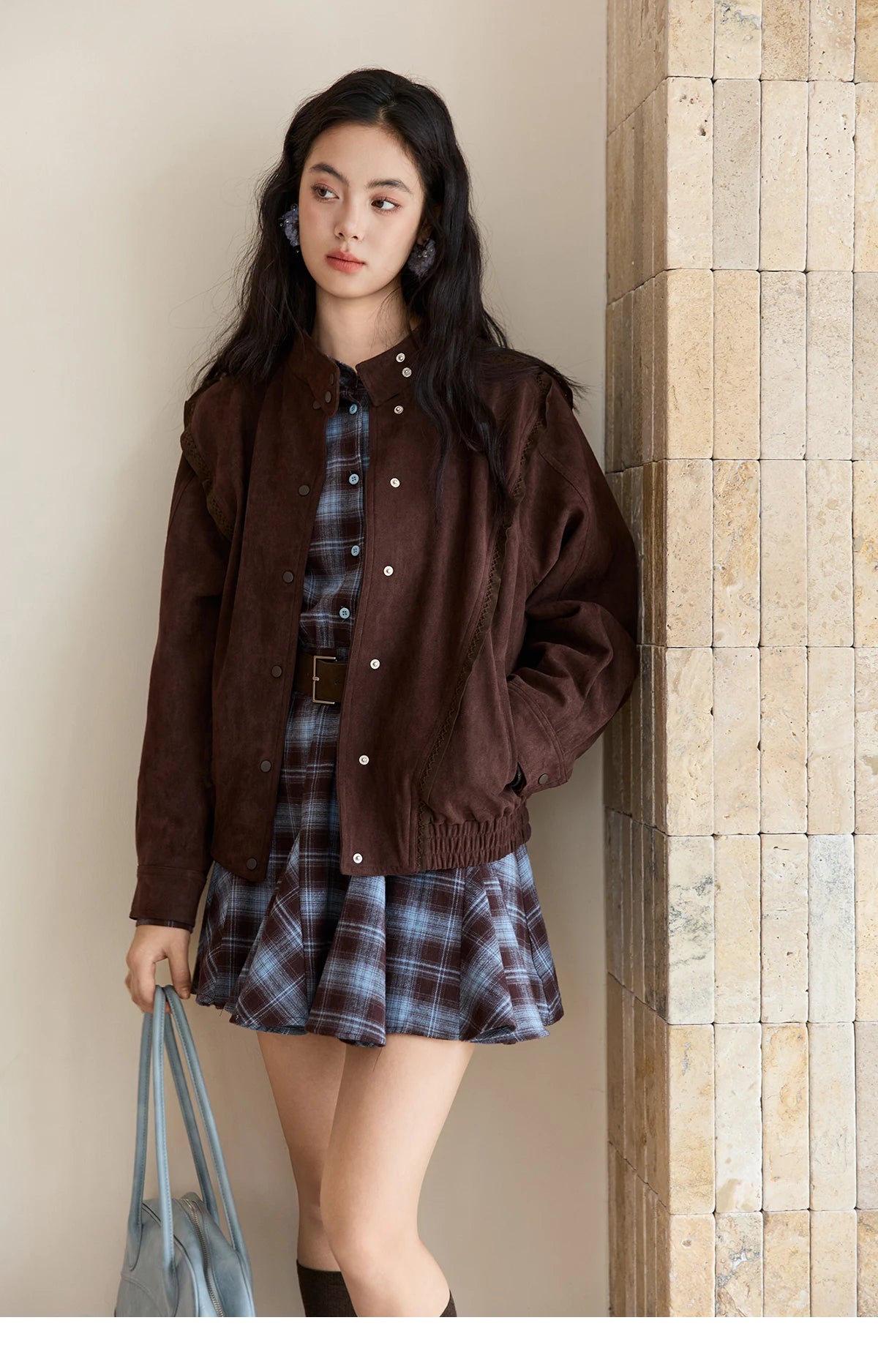 Mishow Blue Plaid Turn-Down Collar Belt Dress MXE48L2525