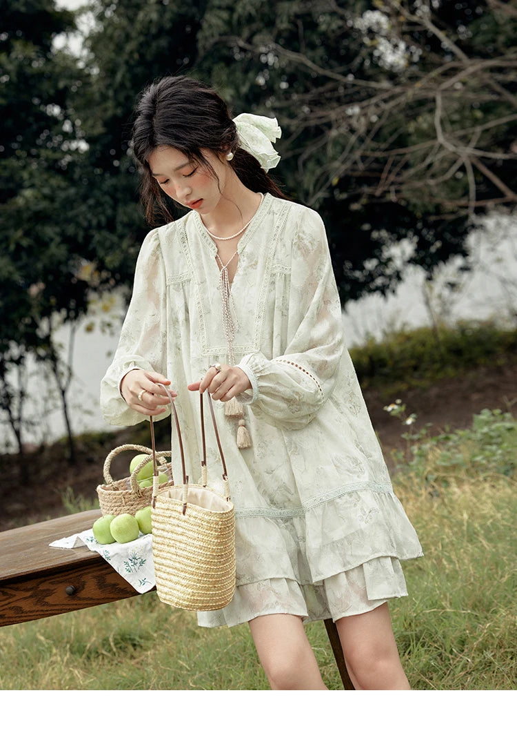 Mishow Floral V-Neck Tassel Lantern Sleeve Dress MXE15L2121