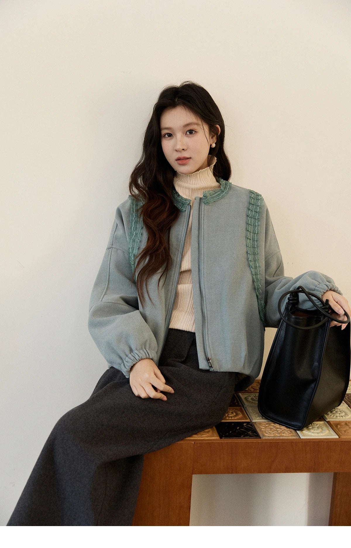 Mishow Light Blue Lace Trim Puff Sleeve Down Coat MXE94W1048