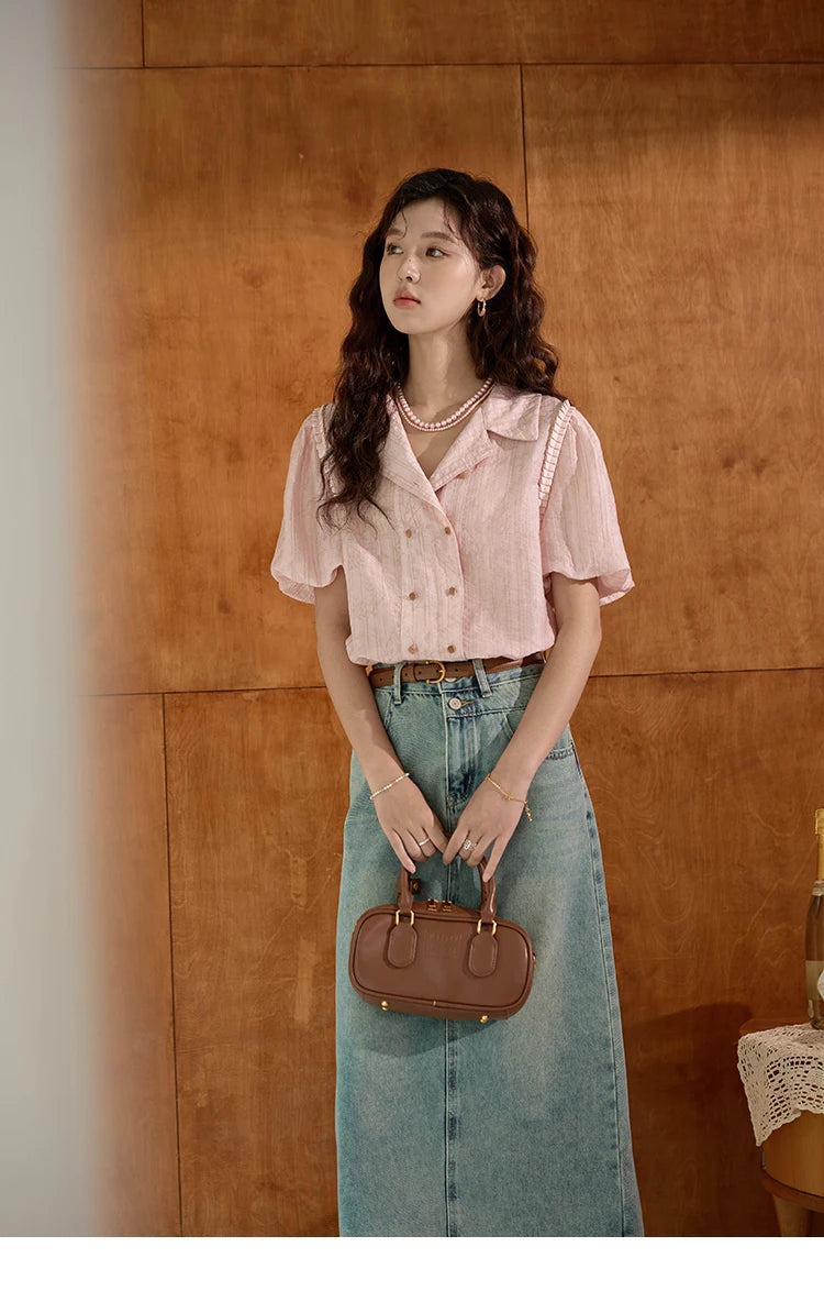 MISHOW Retro Pink Short Sleeve Shirt Ruffled Edge MXD29C0273