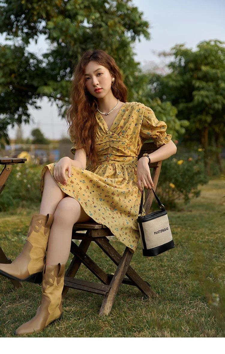 Mishow Retro Puff Sleeve V-Neck Shirring Dress MXC33L1374