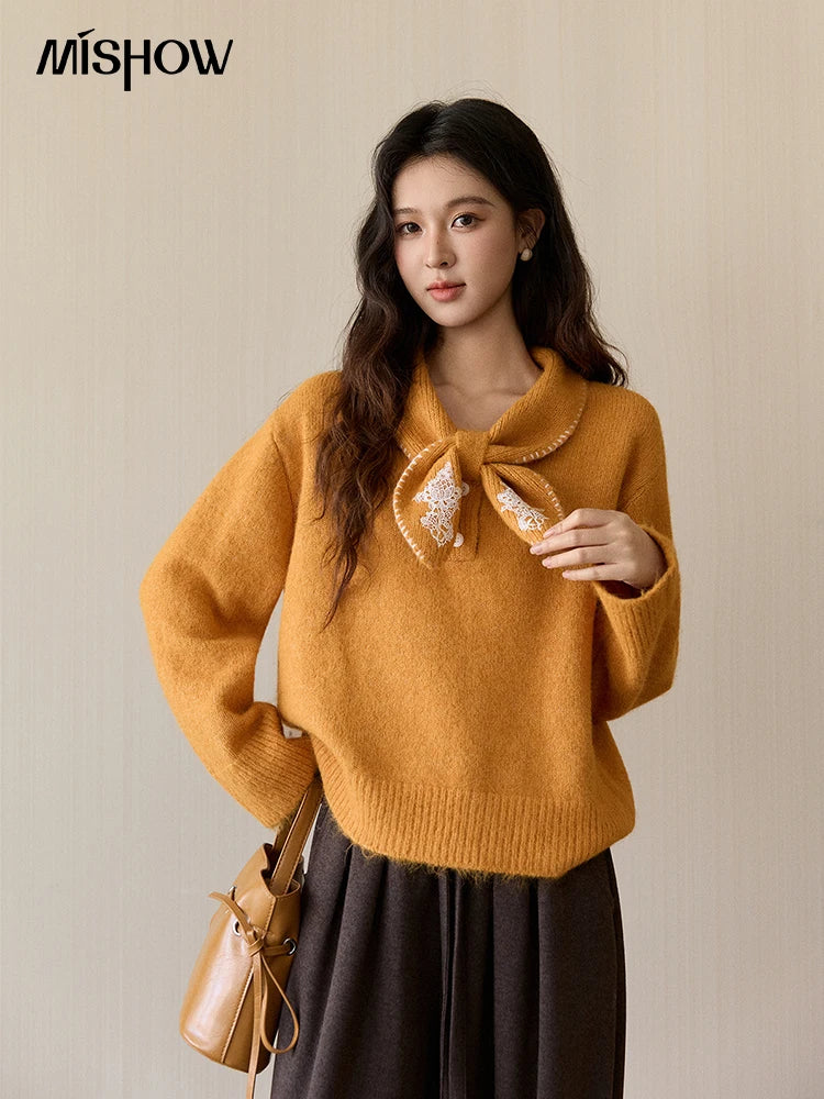 Mishow Yellow Bow Collar Lace Splicing Sweater MXE94Z2971
