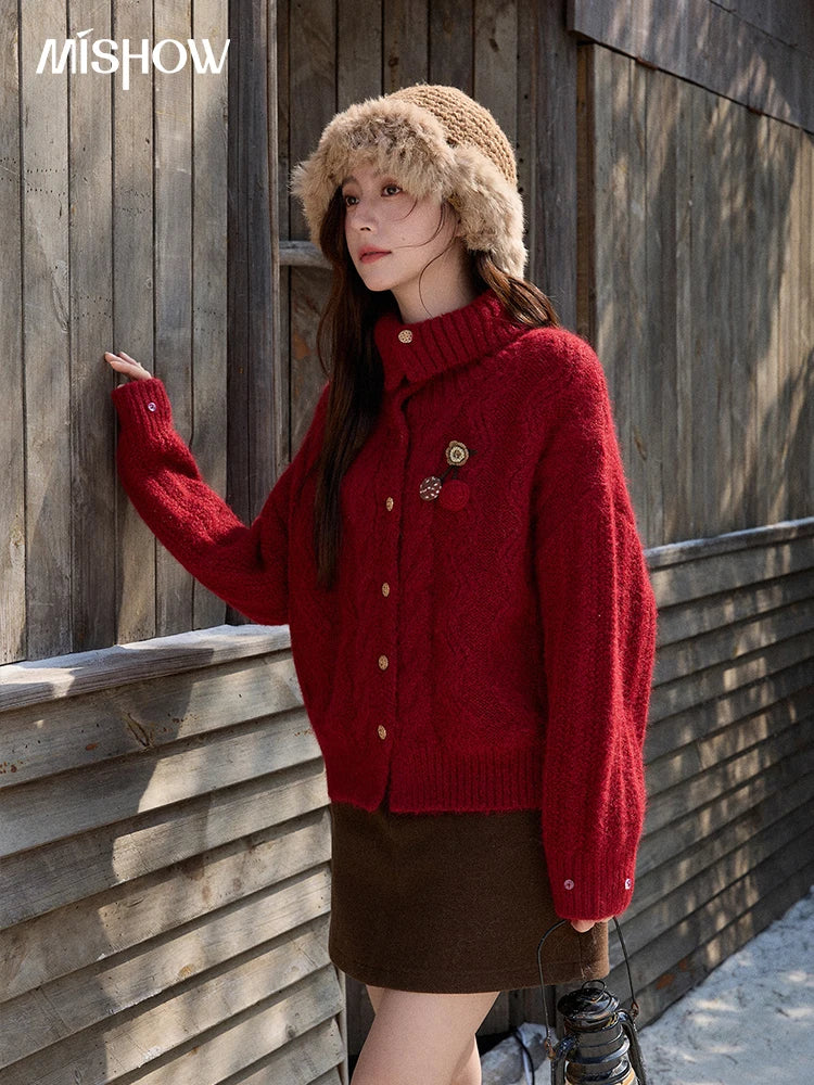 Mishow Red Cable Knit Stand Collar Cardigan MXE92Z2827