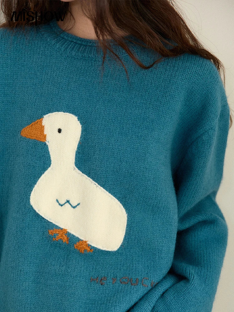Mishow Peacock Blue Jacquard Loose Sweater MXE86Z2751