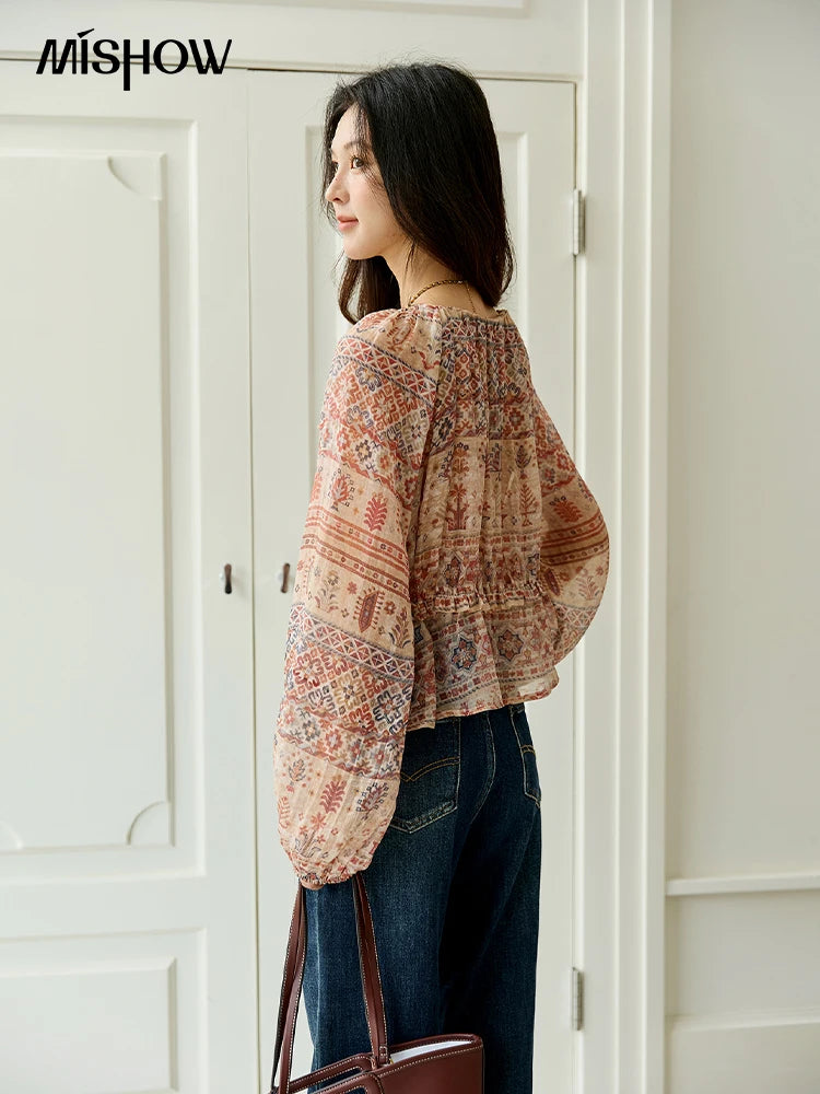 MISHOW National Style Printed Blouse Round Neck Drop Sleeve MXE47X2508