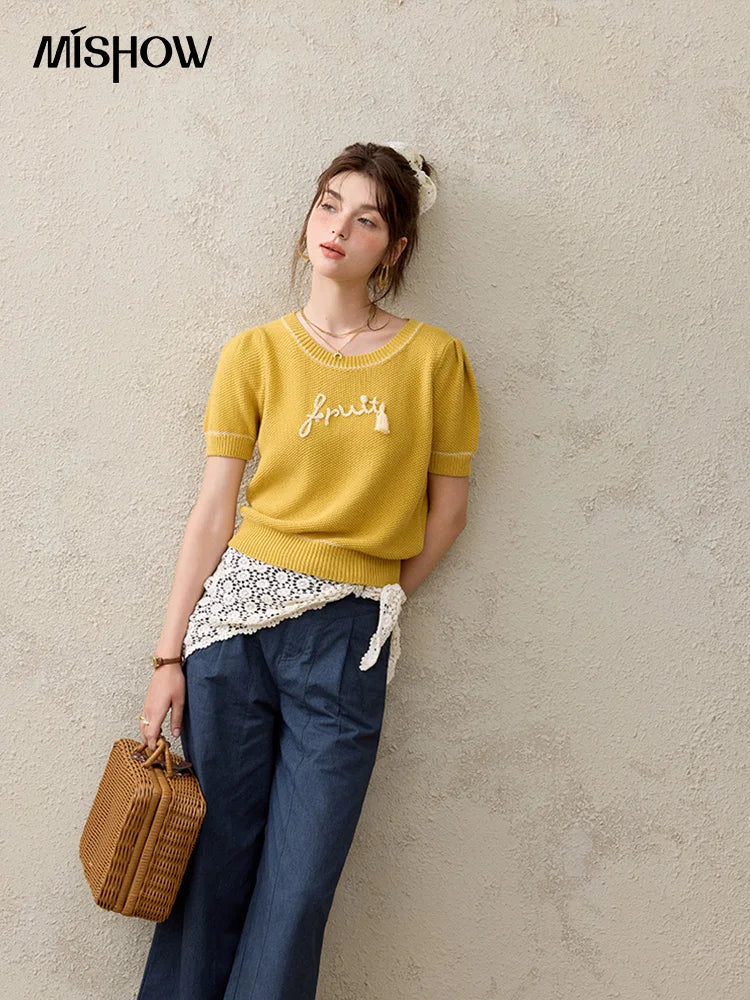 Mishow French Letter Short Sleeve Round Neck Pullover MXE33Z1219