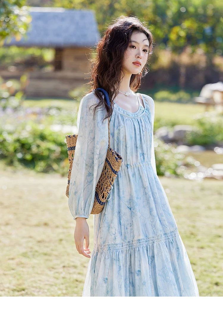 Mishow Blue Floral Chiffon Drawstring Lantern Sleeve Dress MXE16L2114