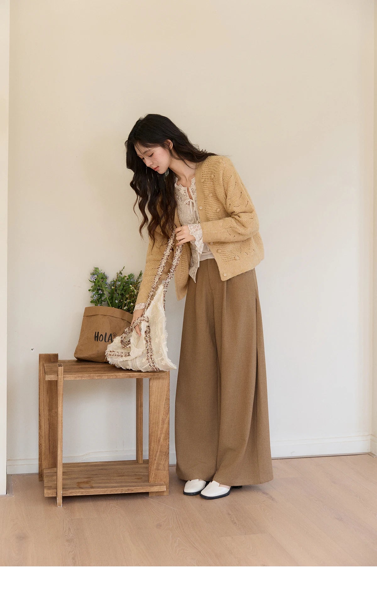 Mishow Hollow-out V-Neck Bobble Knit Cardigan MXF108Z1020