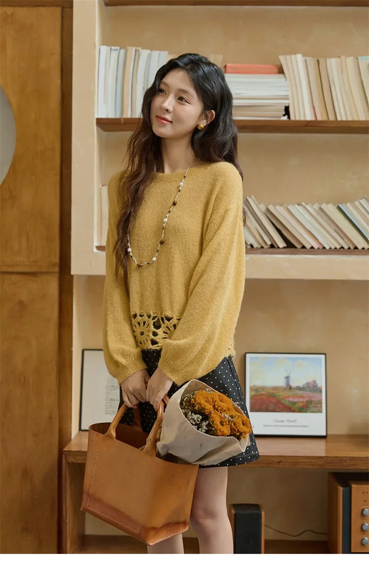 Mishow French Hollow Out Floral O-Neck Sweater MXE44Z2491