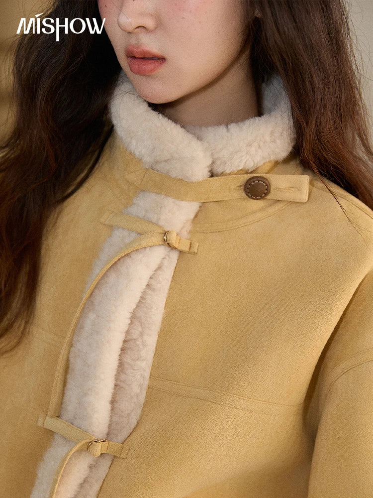 MISHOW Yellow Suede Fur Collar Short Coat Single-Breasted MXE89W0897