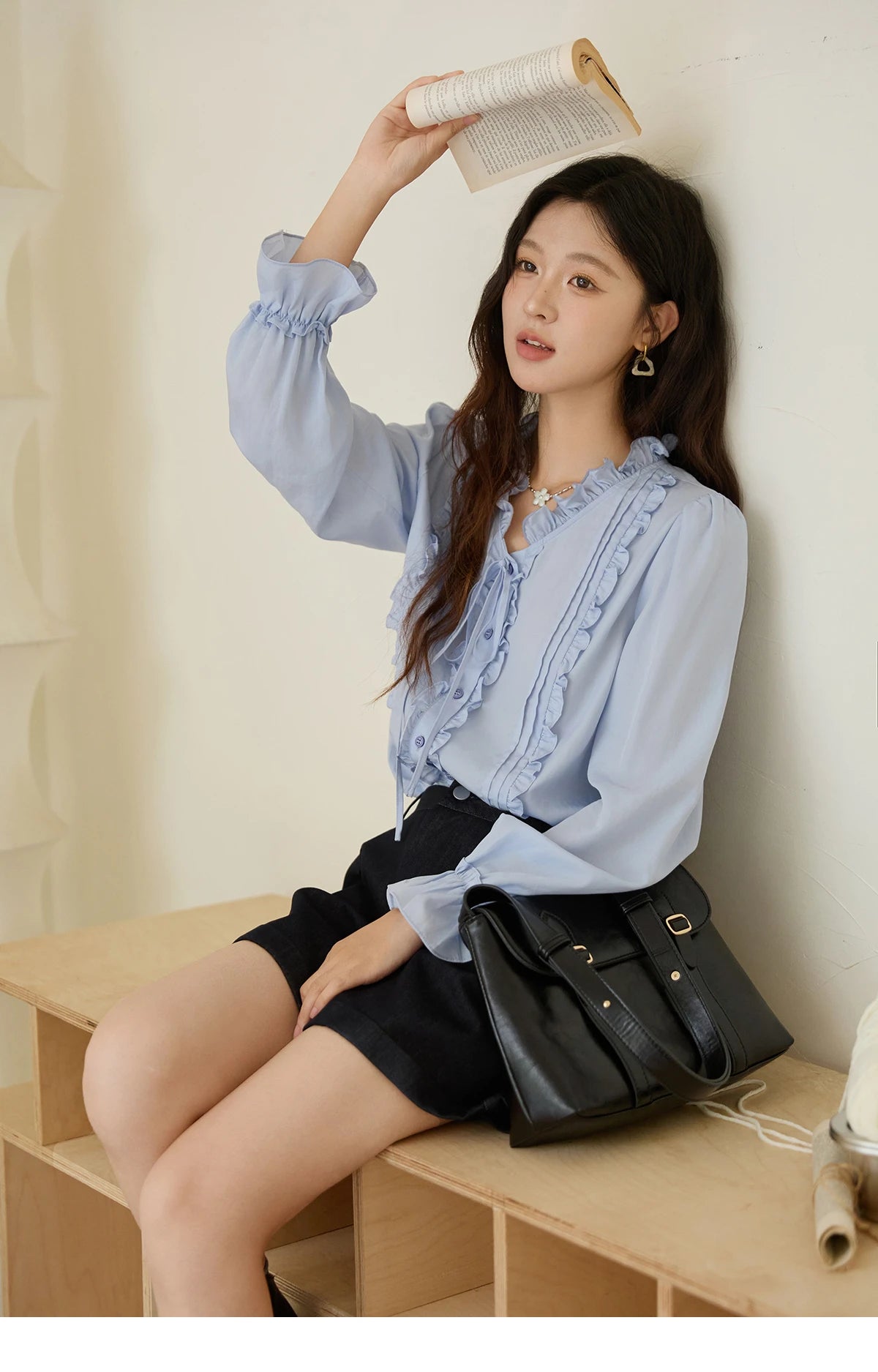 MISHOW 100% Lyocell Blue Shirt French Ruffles Ties MXE45X2484