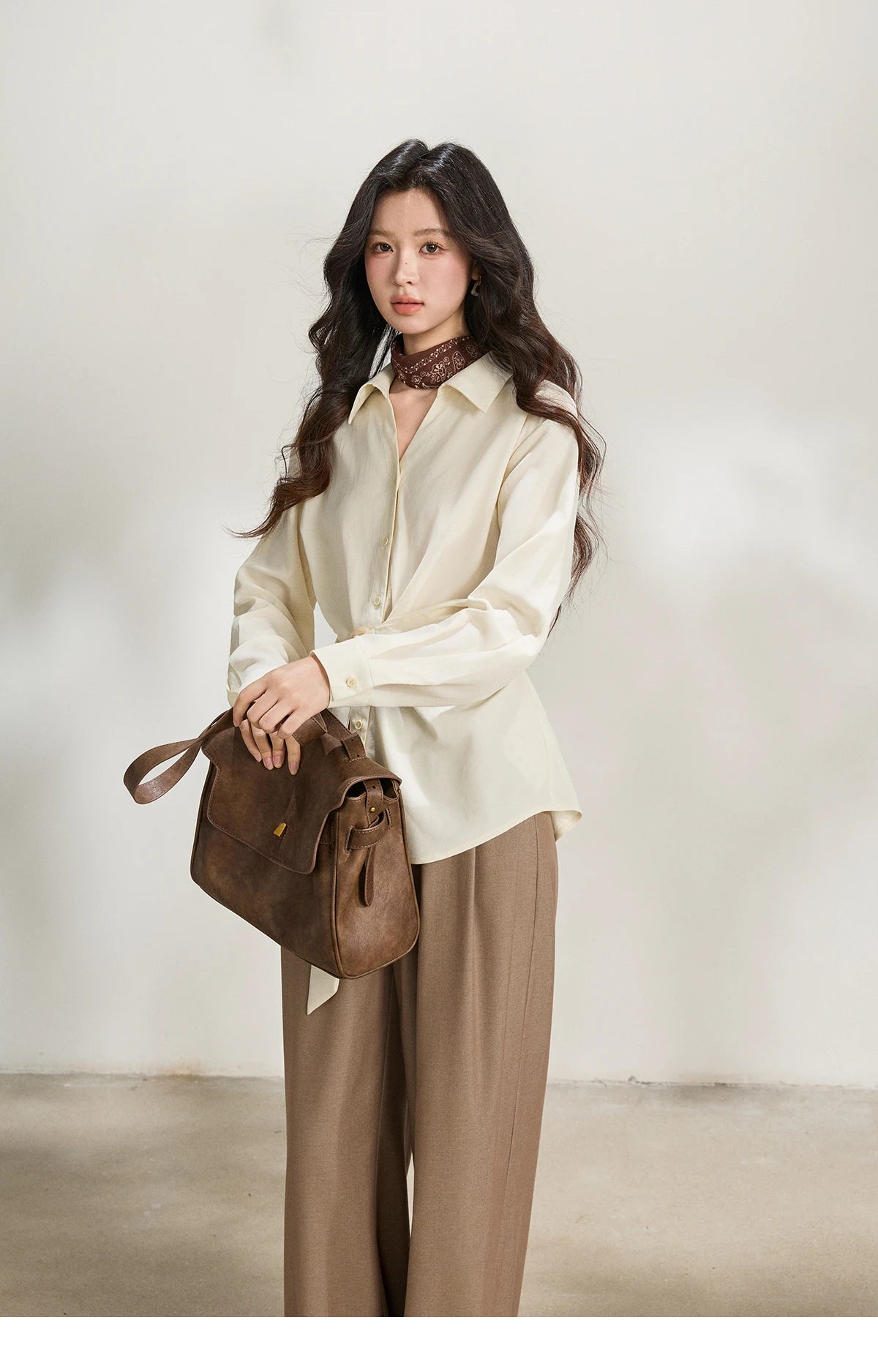 MISHOW Lapel Collar Shirt with Belted Waist Soft Beige MXF13C2452