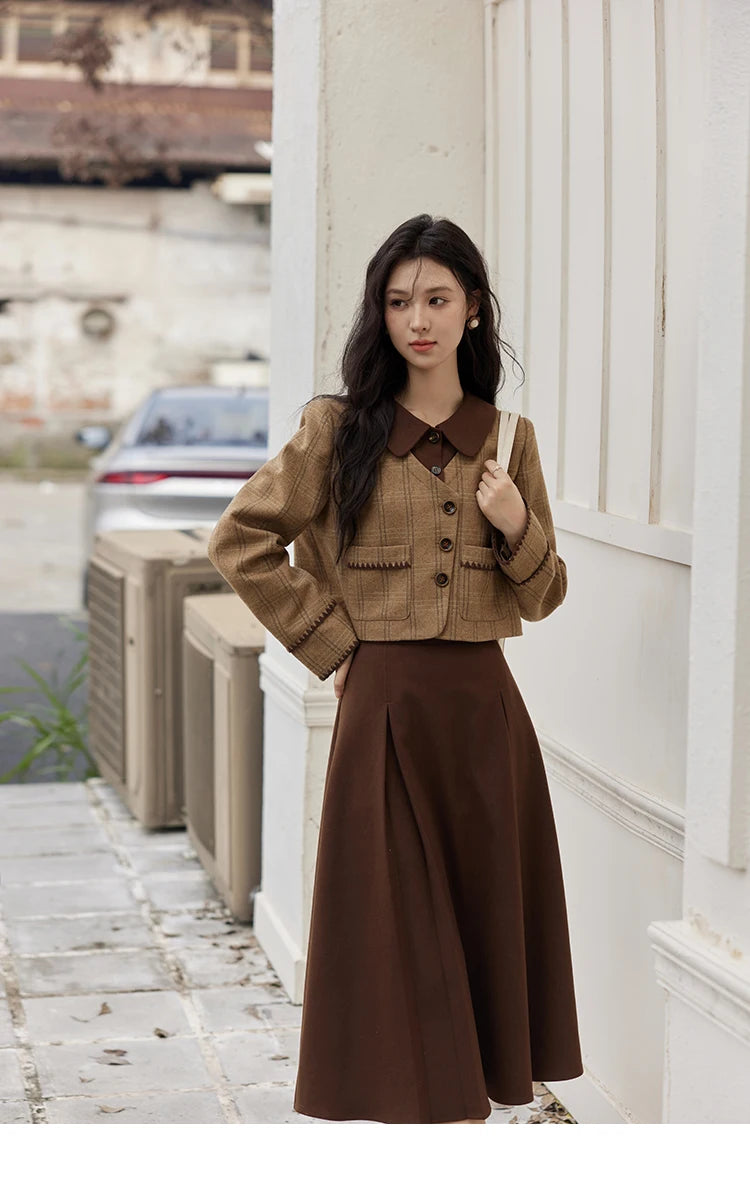 Mishow Plaid Tweed Jacket & Pleated Midi Skirt Set MXD46W0460