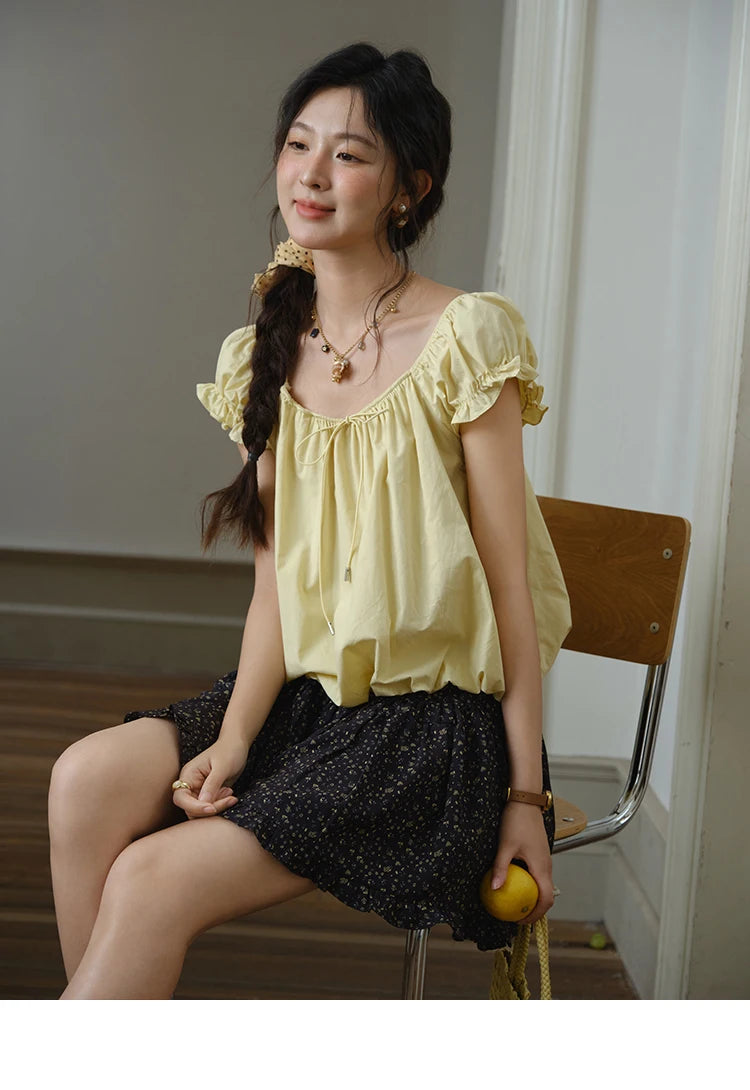 MISHOW Cotton Blouse Puff Sleeve Lace Up O-Neck MXE37X1893