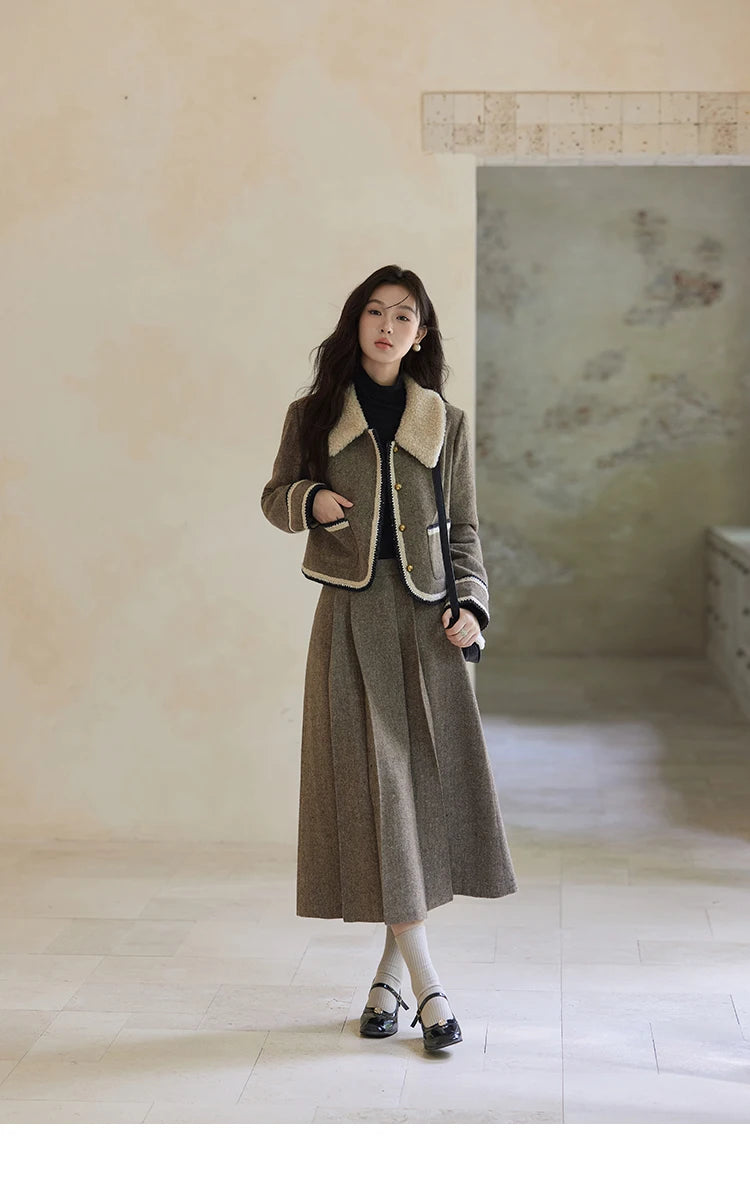 Mishow Vintage Plaid Tweed Jacket & Pleated Skirt Set MXD56W0569