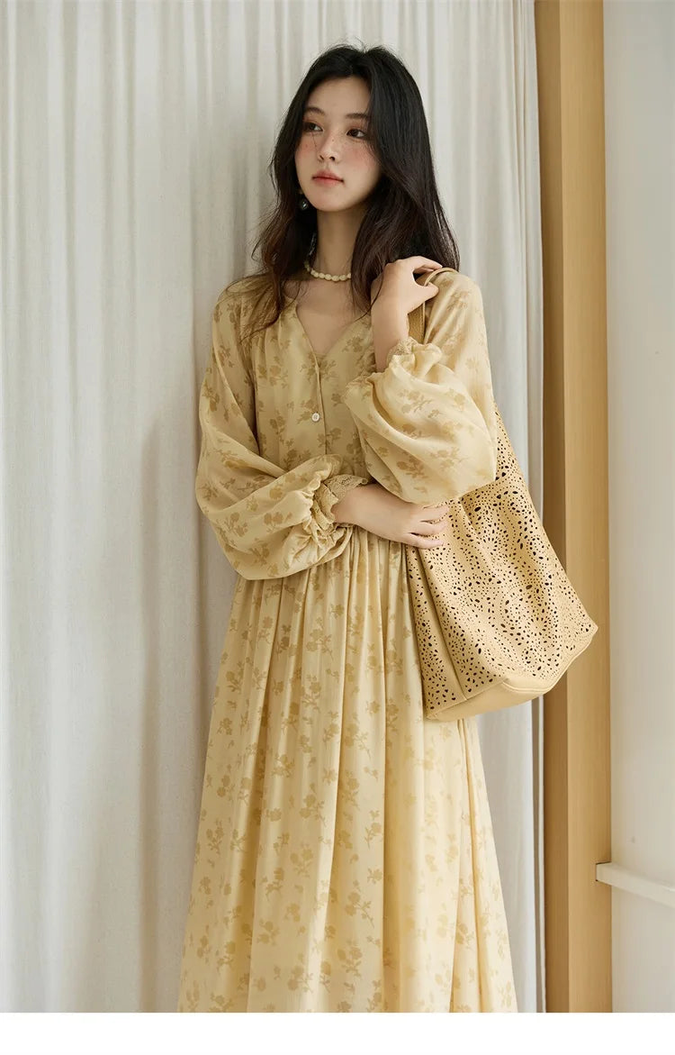 MISHOW Yellow Print Lace Lantern Sleeve Dress MXE47L2527