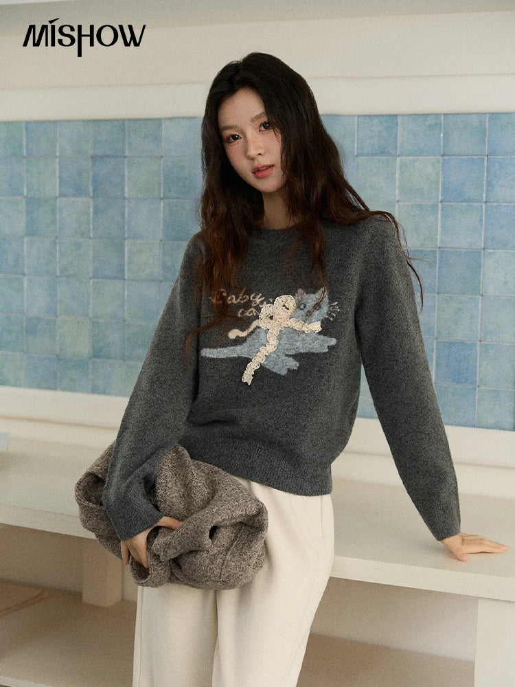 Mishow Cat Jacquard Three-Dimensional Bow Pullover MXE86Z2750
