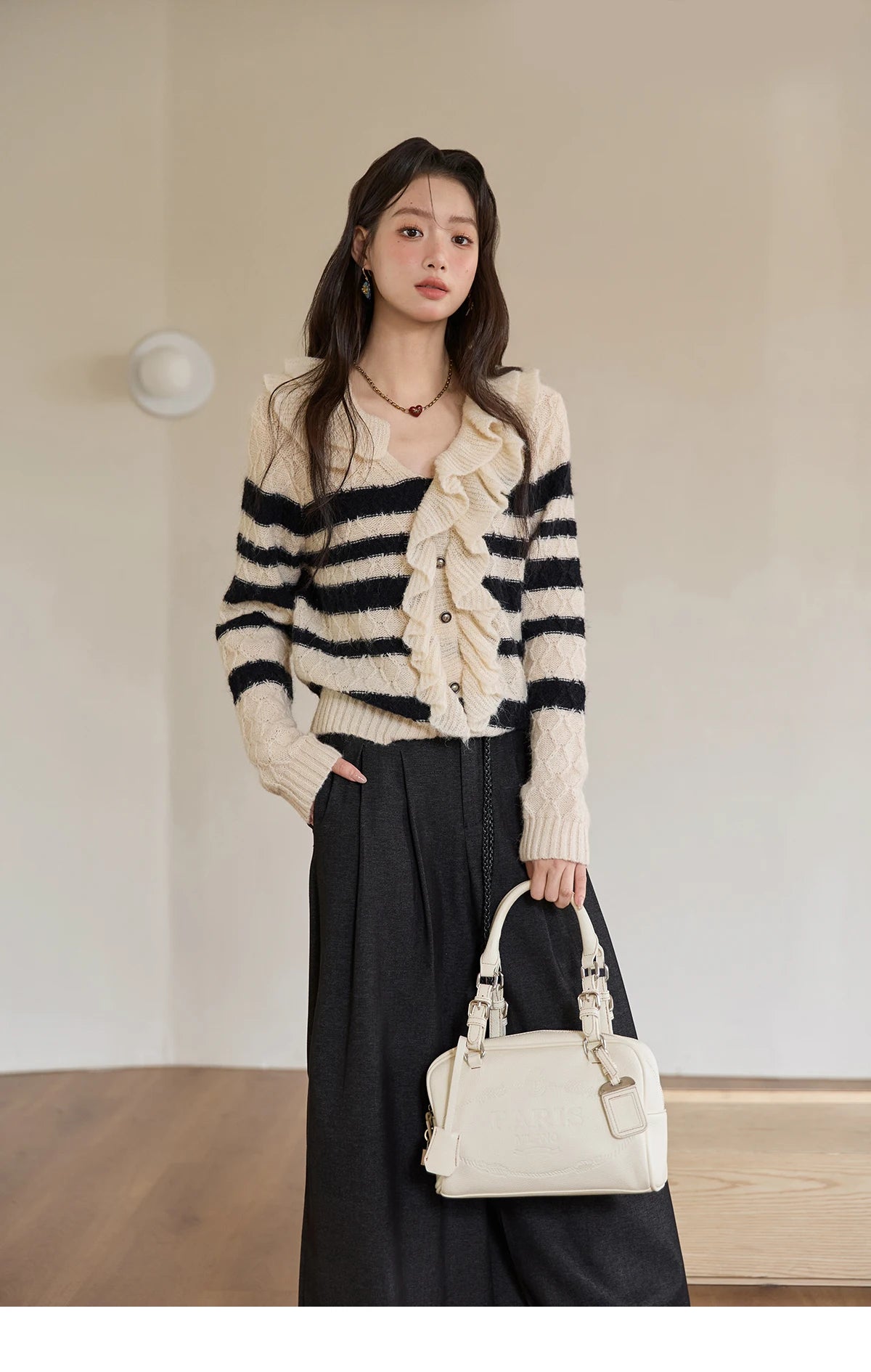 Mishow Striped Asymmetrical Ruffled Cardigan MXE51Z2633