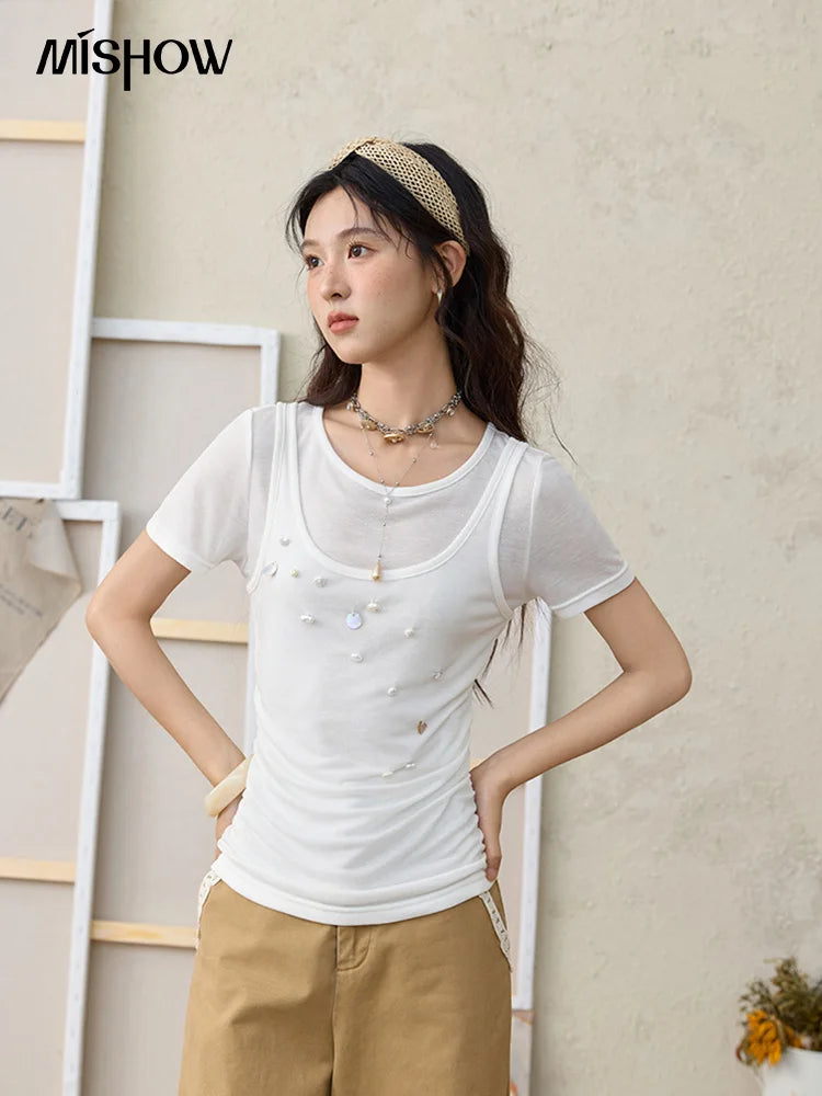 Mishow White Fake Two-Piece Bead Tee MXE35T0566