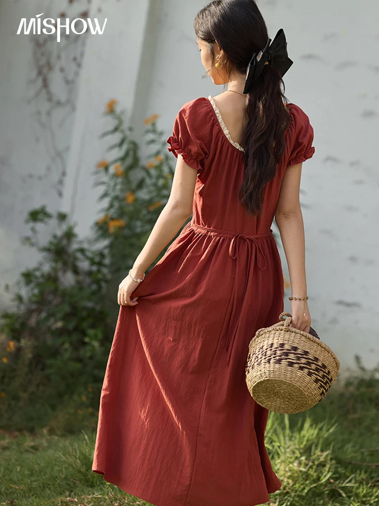 Mishow French Puff Sleeve Lace Neck Long Dress MXE35L2297