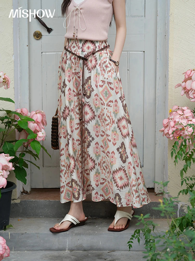 MISHOW Geometric Print Half Skirt Prairie Chic Pocket Vacation A-Line MXE37B0760