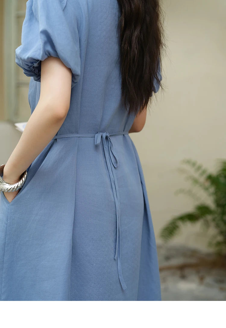 Mishow V-Neck Puff Sleeve Pocket Sash Dress MXE39L2381