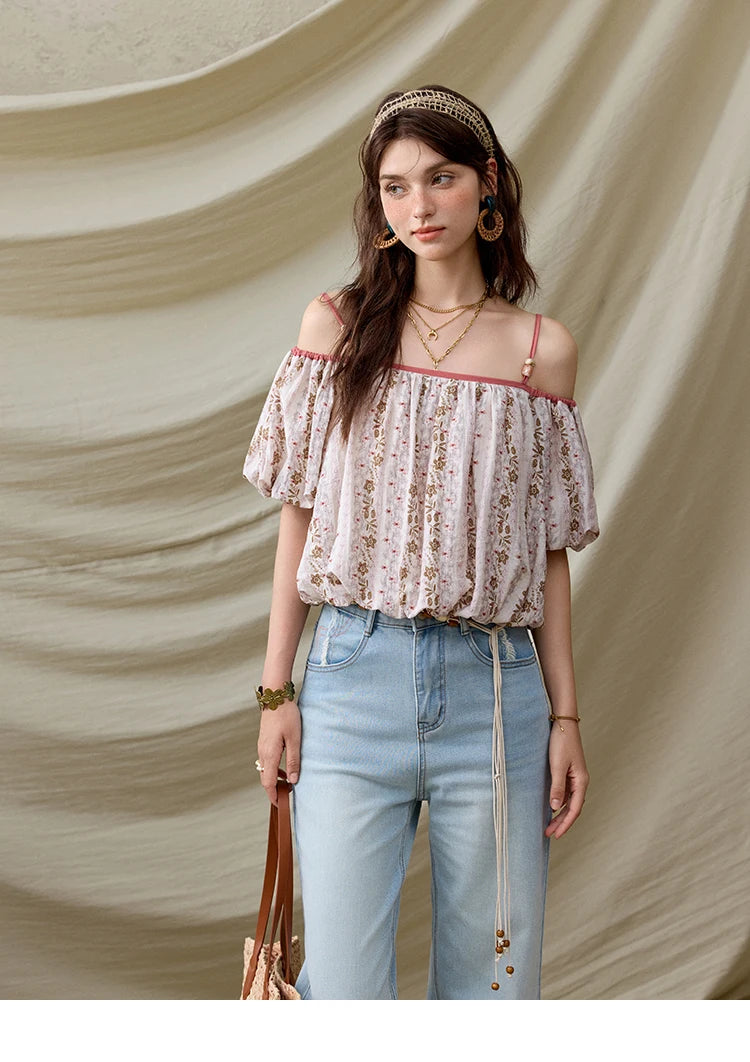 MISHOW One-Shoulder Floral Blouse Short Sleeve Contrast MXE31X1767