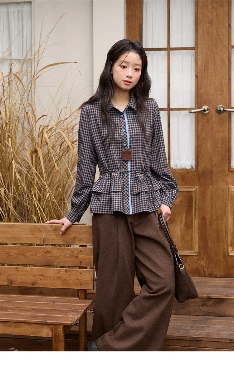MISHOW Blue Plaid Shirt Lantern Sleeves Ruffled Hem MXE89C2420