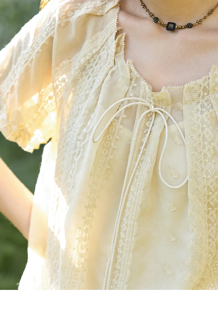 MISHOW Embroidered Jacquard Blouse O-Neck Lace Up MXE37X1861